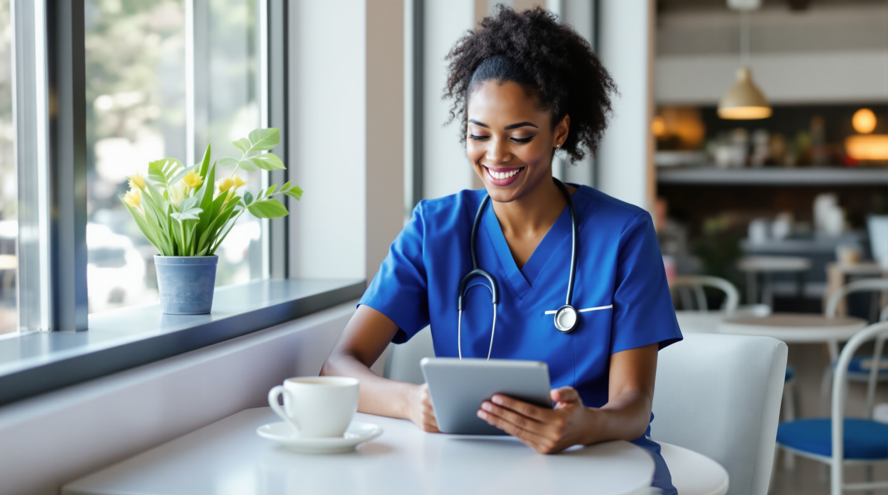 Nurse completing a travel assignment application on a tablet