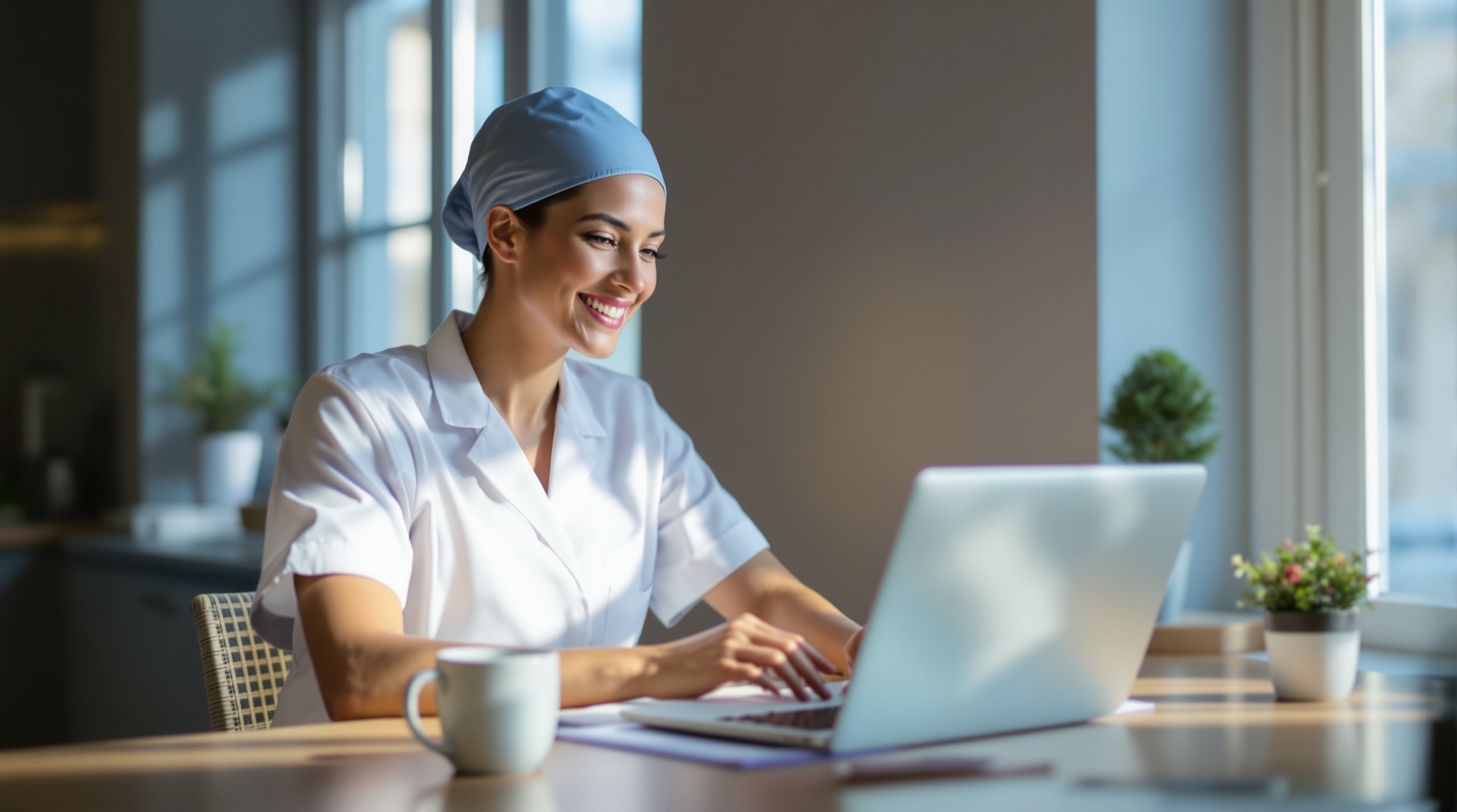 Travel nurse reviewing weekly pay and benefits at home