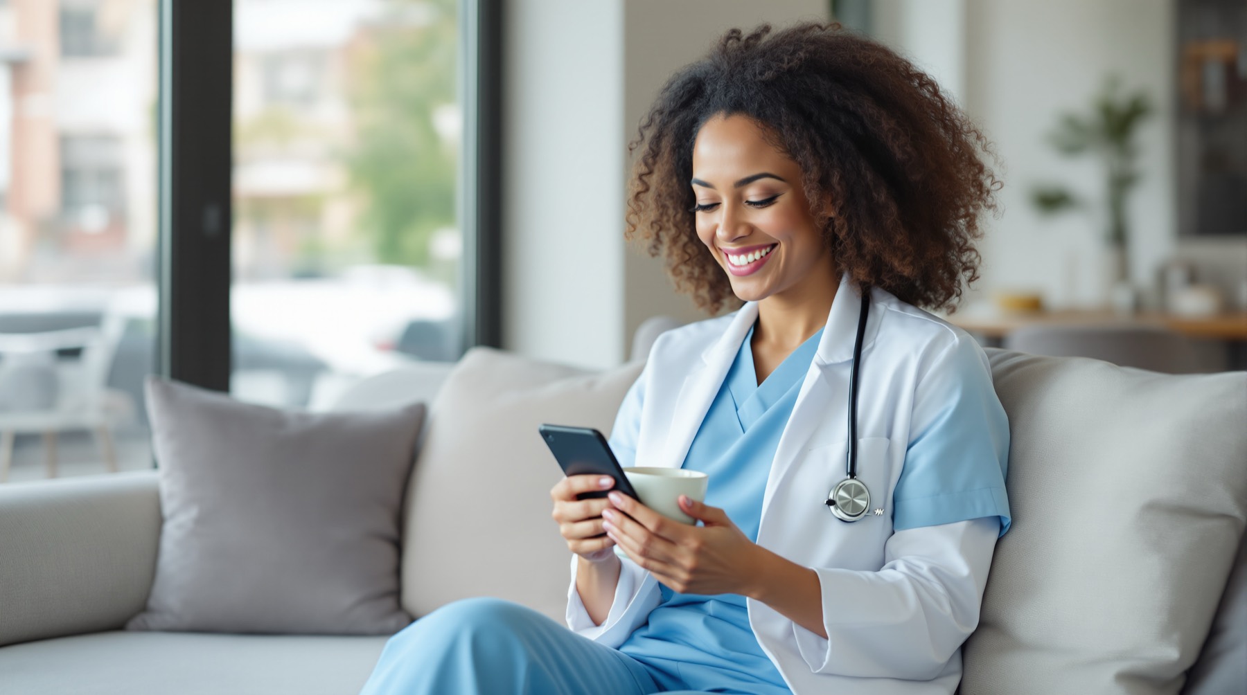 Travel nurse relaxing at home between assignments