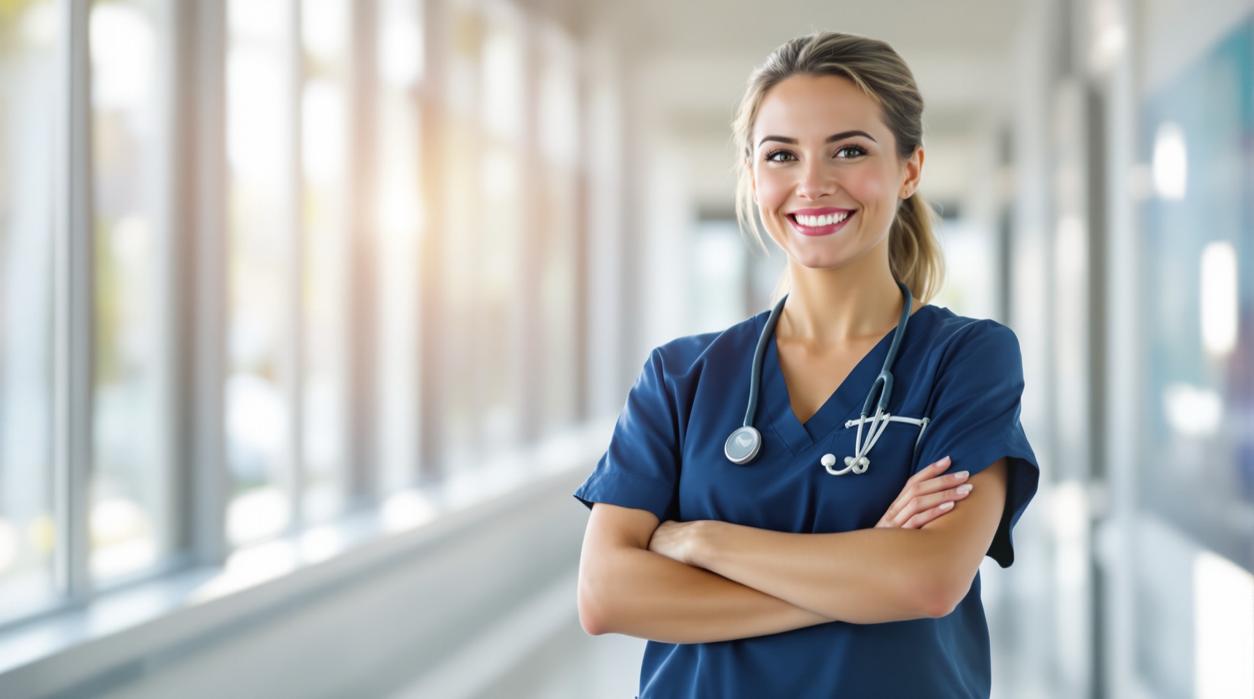 Travel nurse in a modern hospital corridor representing All Health Staffing