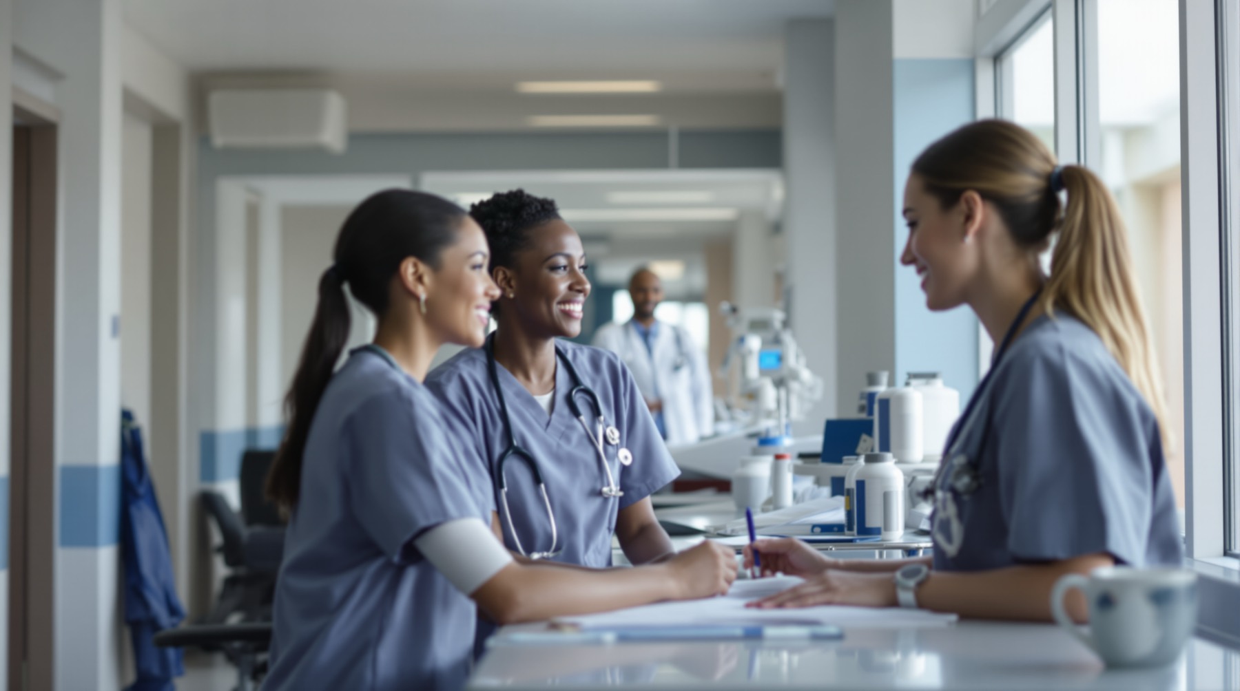 Diverse healthcare staffing team collaborating in a hospital